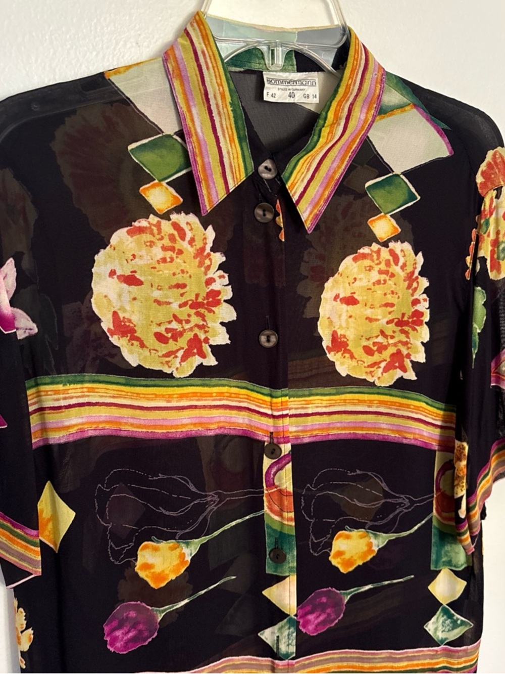 VTG 80s Sommerman Men’s Black Sheer Floral Button-Up Shirt